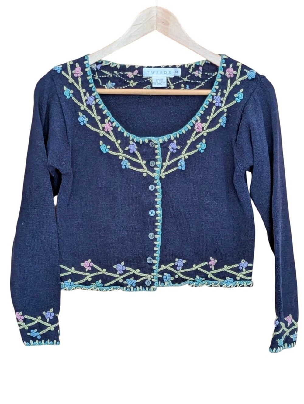 Tweeds Navy Floral Embroidered Button-Front Cardigan Small Linen Blend Cottage